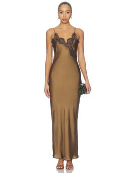 HERSKIND - Laura Women's Lace Trim Adjustable Strap Satin Nightdress Brown
