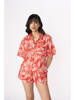 How When Wear - Red Leaf Printed Linen Co-Ord (Set of 2)