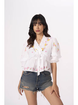 How When Wear - White Frill Blouse with Floral Embroidery