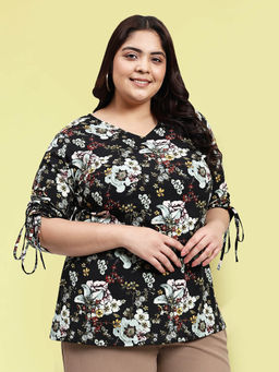 Martini - Curve Black Plus Size Printed Drawstring Sleeve Top
