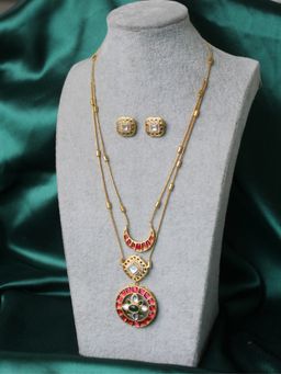 Spring Soul - Gold-Toned Stone Work Floral Carved Necklace Set with Earrings