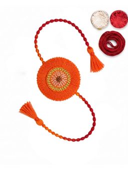 MasQ - Orange Frienge Rakhi with Roli Chawal and Kalawa