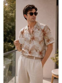 XKIND - Brown Printed Relaxed Fit Cuban Collar Shirt