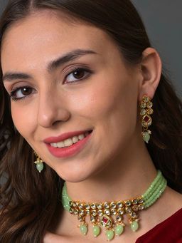 Sohi - Gold Plated Green Kundan Studded Jewellery (Set of 2)