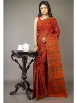Unnati Silks - Red Orange Pure Block Printed Superfine Mulmul Cotton Saree with Unstitched Blouse