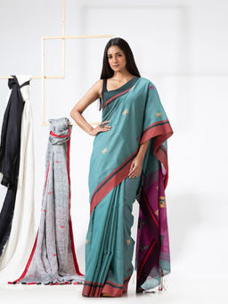 Angoshobha - Teal Cotton Blended Jamdani Saree with Unstitched Blouse