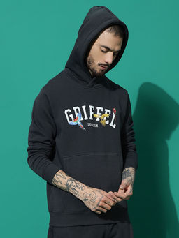Griffel - Birds Print Regular Fit Black Hoodie