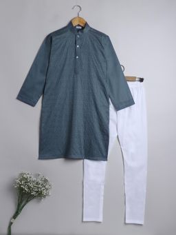 Little Clothings - Boys -Grey Cotton Silk Embroidered Kurta for Boys (Set of 2)