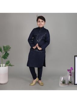 Little Clothings - Boys- Cotton Silk Nehru Jacket with Kurta- Navy Blue (Set of 3)