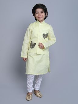Little Clothings - Boys- Linen Embroidered Nehru Jacket with Kurta- Yellow (Set of 3)