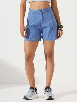 DOLCE CRUDO - Women Blue Flared Stretchable Special Light Weight Denim Shorts