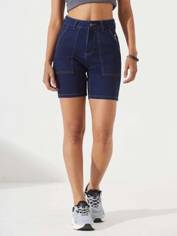 DOLCE CRUDO - Women Navy Blue High Rise Above Knee Stretchable Denim Shorts