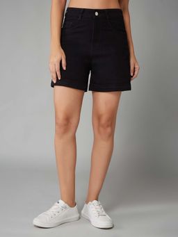 DOLCE CRUDO - Women Black Flared High Rise Stretchable Denim Shorts