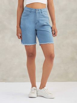 DOLCE CRUDO - Women Light Blue High Rise Above Knee Stretchable Denim Shorts
