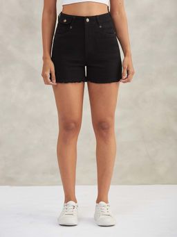 DOLCE CRUDO - Women Black Length Stretchable Denim Shorts