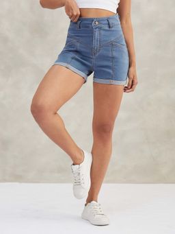 DOLCE CRUDO - Women Blue Relaxed Fit Clean Look Stretchable Blue Denim Shorts