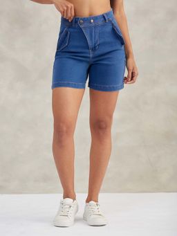 DOLCE CRUDO - Women Relaxed Fit Clean Look Stretchable Blue Denim Bermuda Shorts
