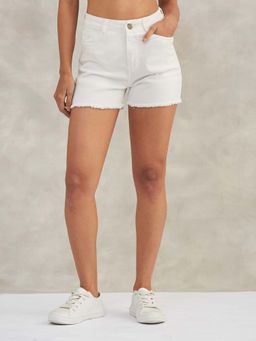 DOLCE CRUDO - Women White High Rise Stretchable Denim Shorts