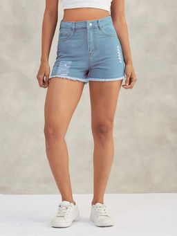DOLCE CRUDO - Women Blue Relaxed Fit Highly Distressed Mid Rise Ripped Denim Shorts
