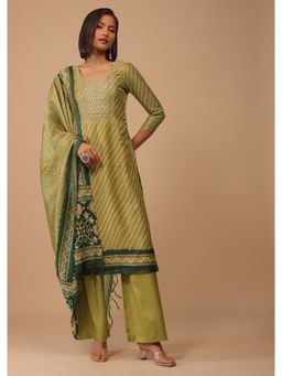 KALKI FASHION - Olive Green Unstitched Embroidered Leheriya Chanderi Palazzo Suit With Printed Dupatta (Set Of 3)