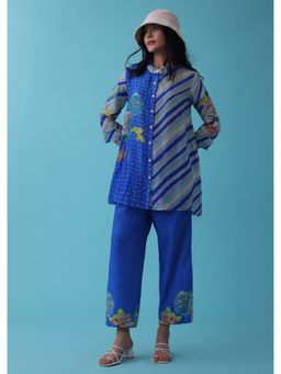 KALKI FASHION - Peacock Blue Printed Co-Ord Pant-Top Set In Tussar (Set Of 2)