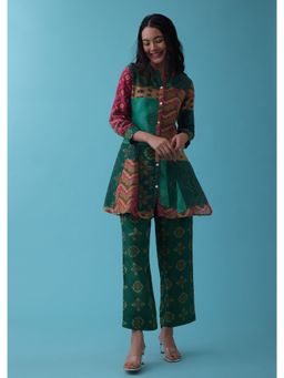 KALKI FASHION - Peacock Green Printed Co-Ord Pant-Top Set With Peplum Top In Silk (Set Of 2)