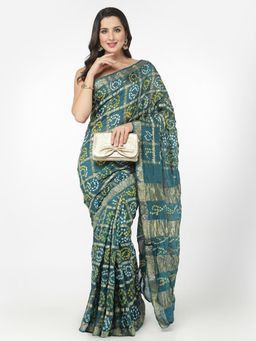KISHORI - Silk Bandhani and Zari Weaving Saree with Unstitched Blouse - Green