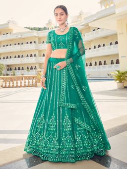 Pink Ethnic - Green Net Semi-Stitched Lehenga & Unstitched Blouse with Dupatta (Set of 3)