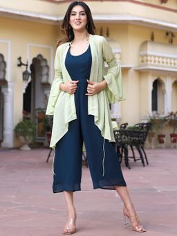 Lavanya The Label - Navy Blue Jumpsuit With Shrug (Set of 2)