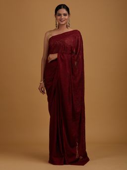Koskii - Maroon Threadwork Net Designer Saree with Unstitched Blouse