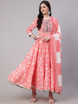 MIZAZJAIPUR - Women Peach Embroidered Anarkali Kurta with Pant and Dupatta (Set of 3)