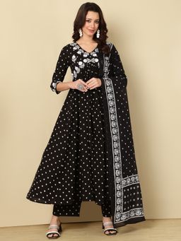MIZAZJAIPUR - Women Black Floral Kurta with Pant and Dupatta (Set of 3)