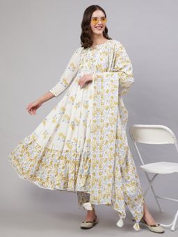 MIZAZJAIPUR - Women Mustard Paisley Anarkali Kurta with Pant and Dupatta (Set of 3)