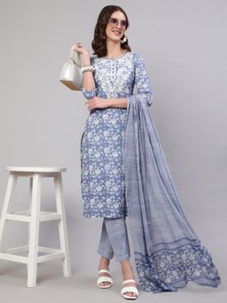 MIZAZJAIPUR - Women Blue Printed Kurta with Pant and Dupatta (Set of 3)