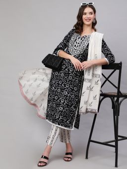 MIZAZJAIPUR - Women Black Embroidered Kurta with Pant and Dupatta (Set of 3)