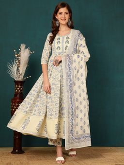 MIZAZJAIPUR - Women Blue Embroidered Kurta with Pant and Dupatta (Set of 3)
