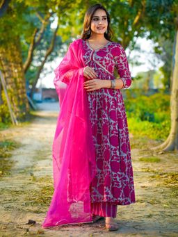 MIZAZJAIPUR - Women Pink Printed Anarkali with Pant and Dupatta (Set of 3)