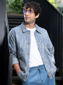 Campus Sutra - Indigo Blue Relaxed Jacquard-Denim Jacket