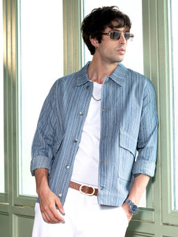 Campus Sutra - Indigo Blue Relaxed Jacquard-Denim Jacket