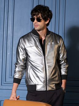 Campus Sutra - Chalice Silver Patent-Panel Bomber Jacket