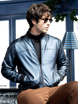 Campus Sutra - Blue Patent-Panel Bomber Jacket