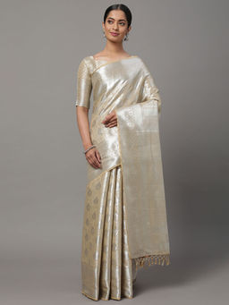 Akhilam - Women Silk Blend Cream Woven Design Saree with Unstitched Blouse Piece