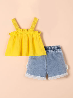 Hopscotch - Ruffle Detail Denim Shorts With Crop Top