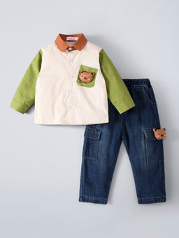 Hopscotch - Bear Applique Denim Barrel Jeans With Shirt
