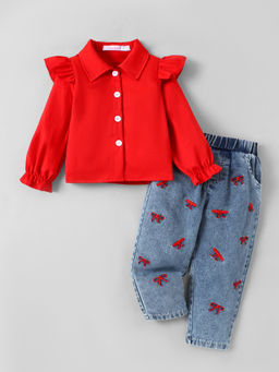 Hopscotch - Bow Embroidered Denim Loose Jean With Shirt