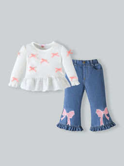 Hopscotch - Bow Applique Denim Wide Leg Jeans With Top