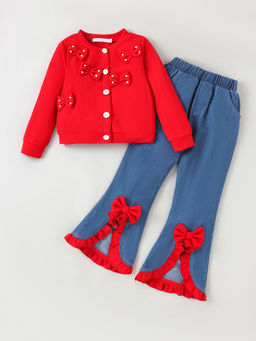 Hopscotch - Bow Applique Denim Fringed Jeans With Top