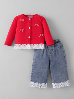 Hopscotch - Bow Applique Denim Loose Jeans With Top