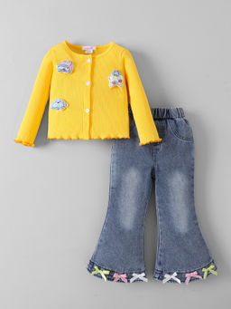 Hopscotch - 3D Applique Denim Wide Leg Jeans With Top