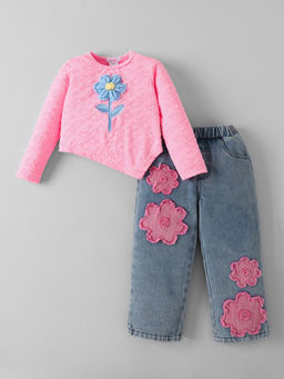Hopscotch - Floral Applique Denim Loose Jeans With Top